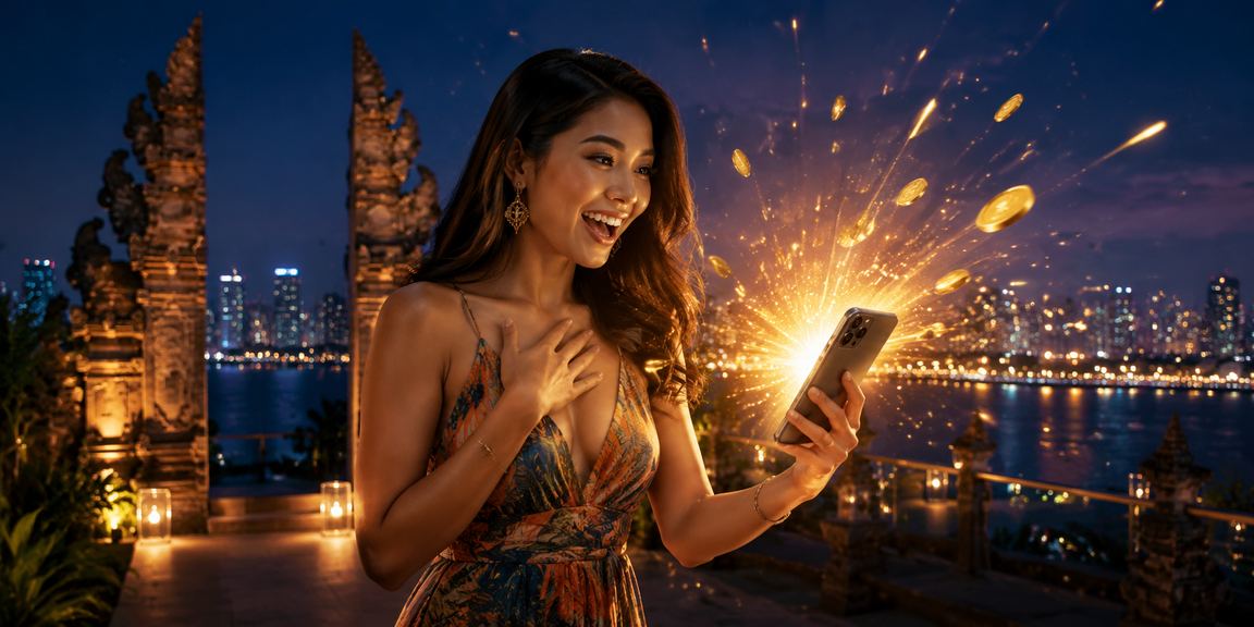 Model Vietnam memperlihatkan bonus registrasi akun dengan ekspresi gembira