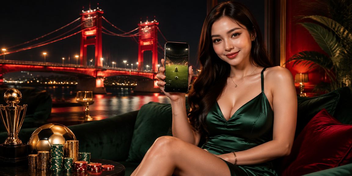 Model perempuan memegang ponsel dan menikmati permainan casino mobile di Vietnam