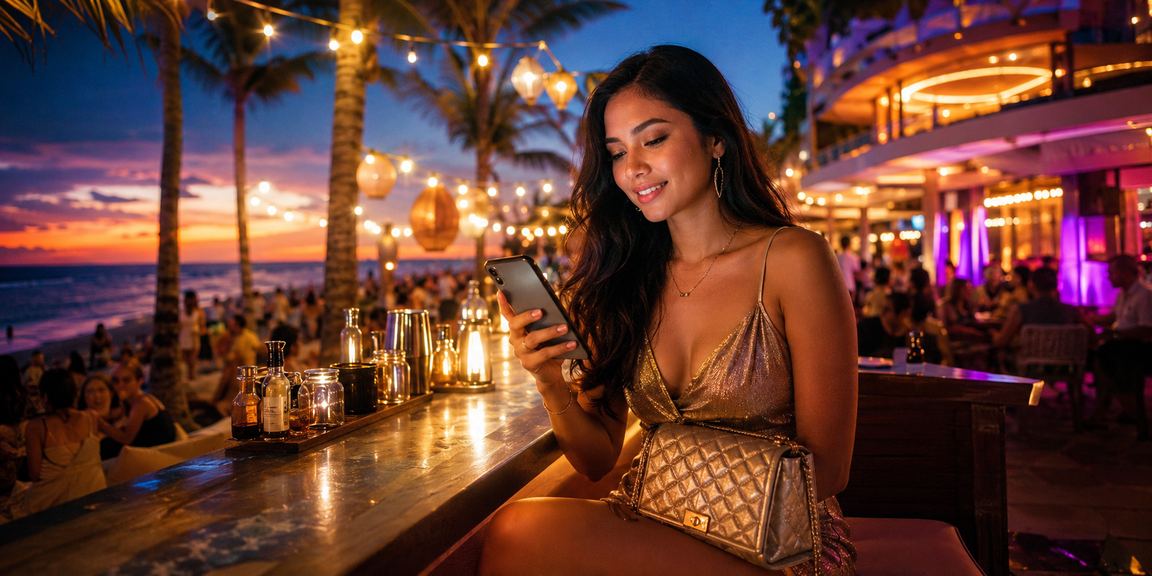 Seseorang bermain permainan mobile kasino dengan santai di tepi pantai Vietnam