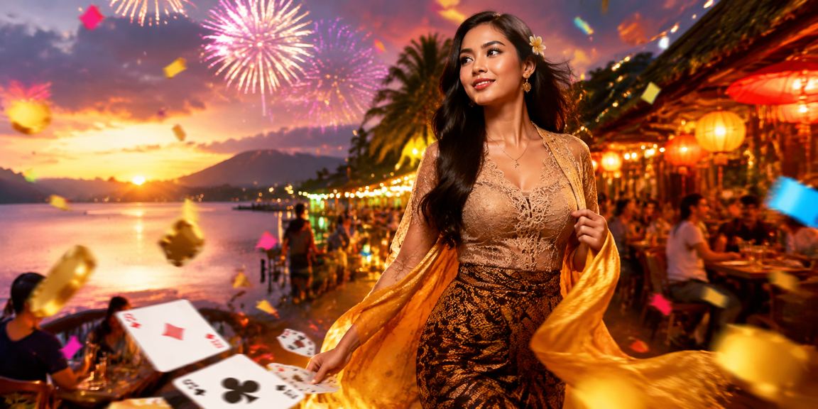 Suasana permainan kartu di pasar malam dengan nuansa hiburan malam yang meriah