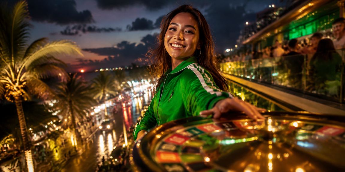 Meja roulette kasino dengan pemandangan pantai tropis yang indah di latar belakang